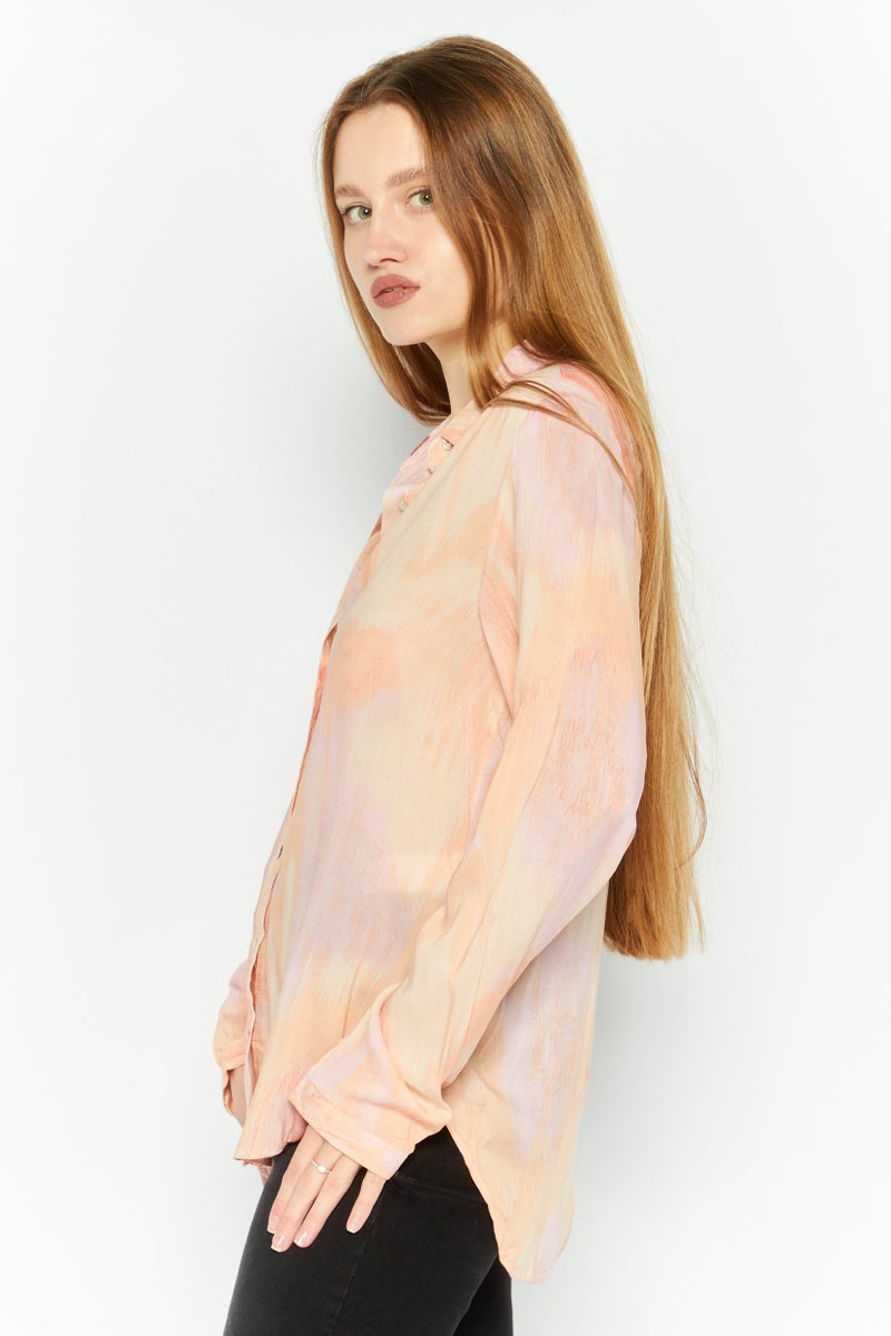 Black Tape Women Spread Collar Long Sleeve Tie Dye Shirt, Pink Combo  - Image 3