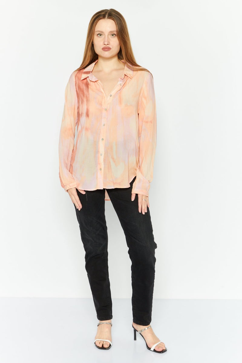Black Tape Women Spread Collar Long Sleeve Tie Dye Shirt, Pink Combo  - Image 2