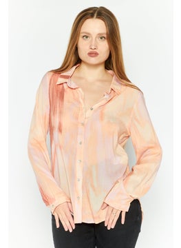 Black Tape Women Spread Collar Long Sleeve Tie Dye Shirt, Pink Combo  - Image 1