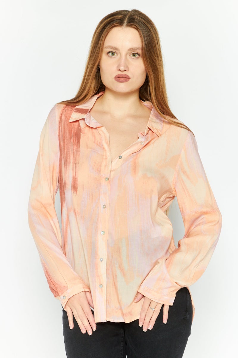 Black Tape Women Spread Collar Long Sleeve Tie Dye Shirt, Pink Combo  - Image 1