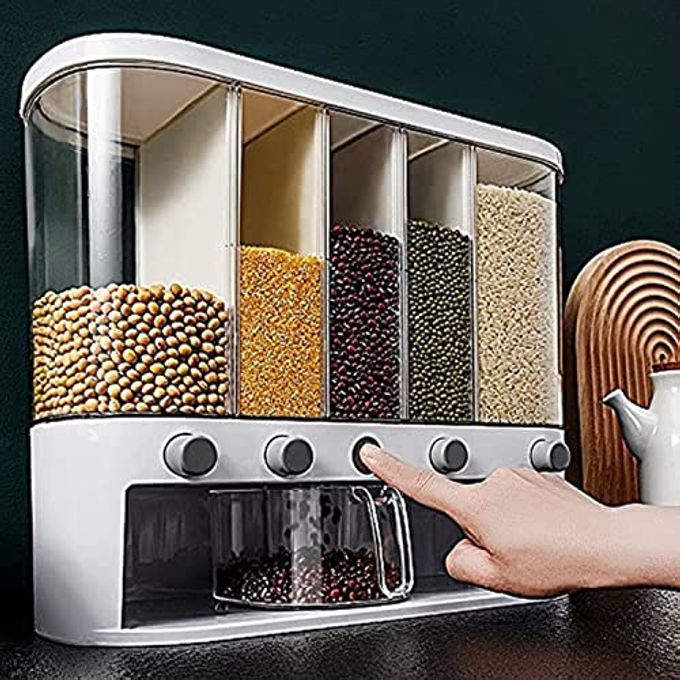 Xilei Dry Food Dispenser,Wall mounted 5 Grid Cereal Dispenser,Rice dispenser 25 pounds Kitchen Storage with Measuring Cup