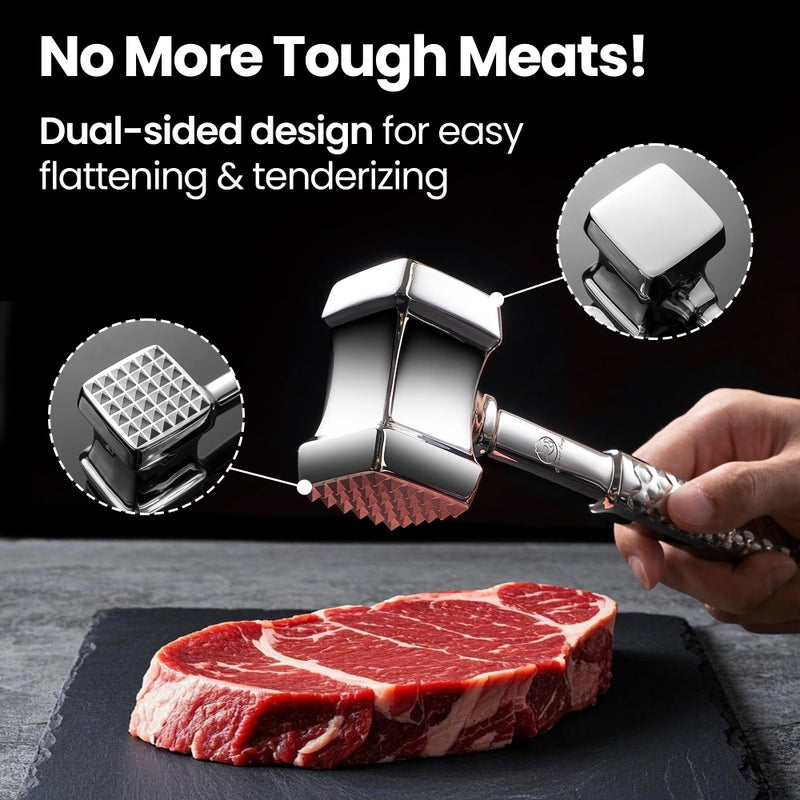 Gourmet Easy أداة تطرية اللحم من الفولاذ المقاوم للصدأ، مطرقة لحم فاخرة مع مقبض غير قابل للانزلاق، مطرقة مطبخ مزدوجة الجوانب مثالية لتطرية الستيك والدواجن وقطع الدجاج، آمنة في غسالة الصحون مع ضمان استبدال مدى الحياة - Image 3