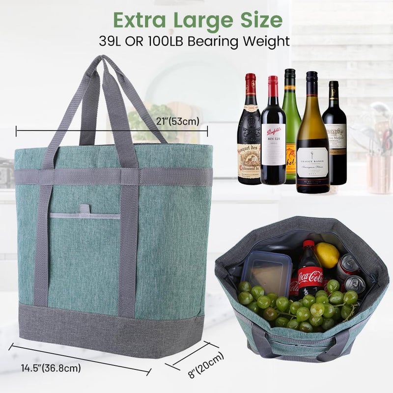 CIVJET Insulated Reusable Tote Bag for Grocery Shopping for Women/Men, Waterproof Cooler Bags for Travel/Beach/Picnic, Pizza/Food Delivery Bag to Keep Food Cold/Hot for Catering (Oxford Cloth, Green) - Image 5