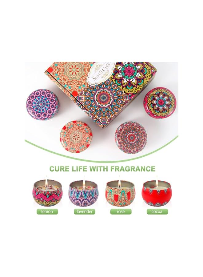 The Bros طقم هدايا الشموع المعطرة، 4 روائح، شمعة عطرية محمولة مريحة بدون دخان مصنوعة من شمع الصويا الطبيعي، حامل شمعة دائري زخرفي لحفلات الزفاف، العشاء، الحفلات، ديوالي، الحمام، اليوغا - Image 5