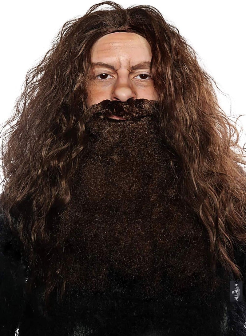 ALLAURA Brown Wizard Wig and Beard Set Mens Viking Wig Character Fake Wizard Beard Mustache Fits Adult Men Mens Halloween Costumes Compatible with Viking Beard Costume Viking Wig Man