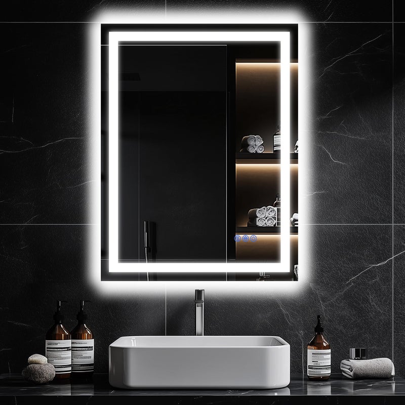 Antok 24"x 32" LED Bathroom Mirror with Lights, Anti-Fog, Dimmable, Lighted Vanity Mirror with Tempered Glass, Memory Function, 3 Light Modes, Safe Use, Horizontal, Vertical, Wall Mount - Image 1