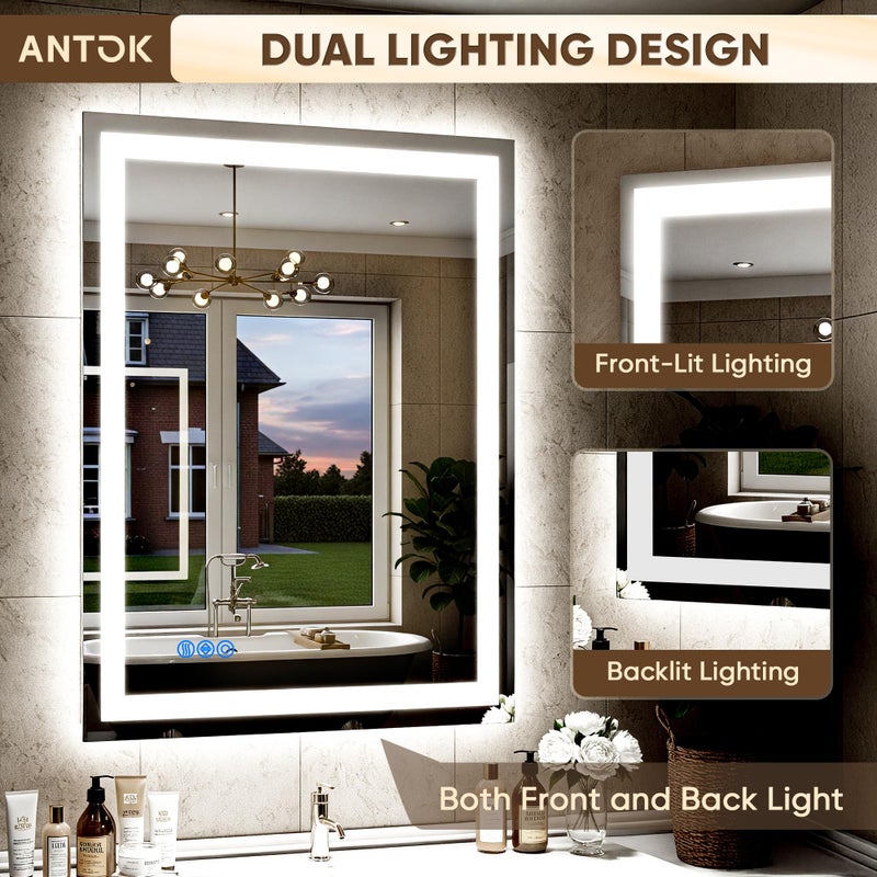 Antok 24"x 32" LED Bathroom Mirror with Lights, Anti-Fog, Dimmable, Lighted Vanity Mirror with Tempered Glass, Memory Function, 3 Light Modes, Safe Use, Horizontal, Vertical, Wall Mount - Image 4