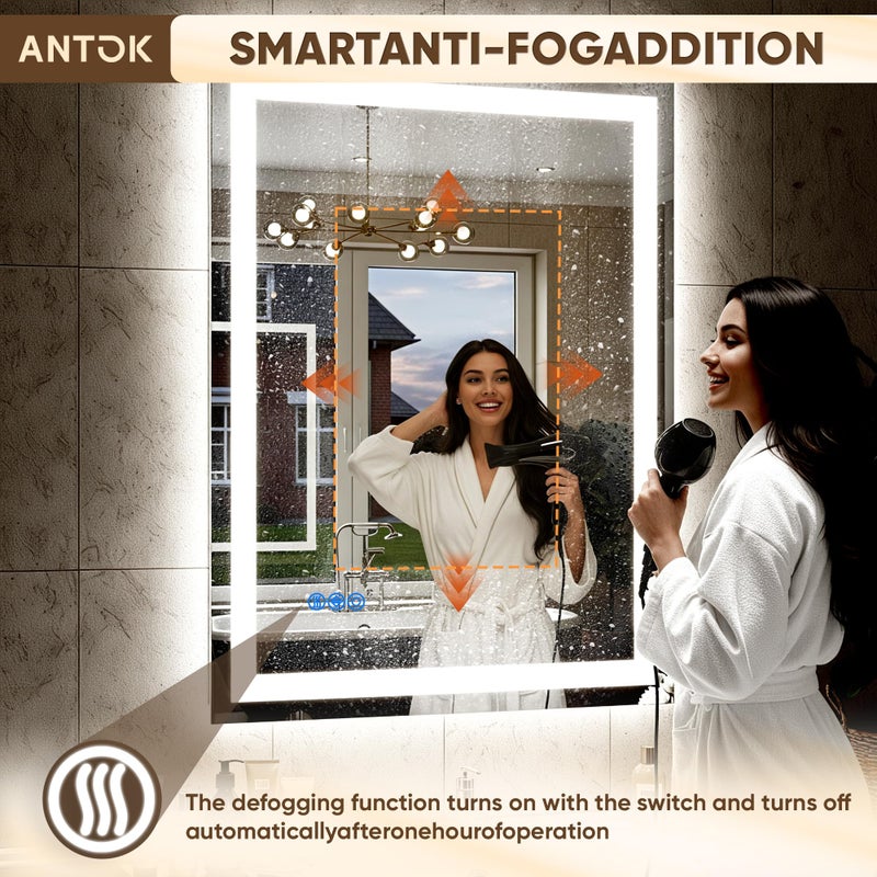 Antok 24"x 32" LED Bathroom Mirror with Lights, Anti-Fog, Dimmable, Lighted Vanity Mirror with Tempered Glass, Memory Function, 3 Light Modes, Safe Use, Horizontal, Vertical, Wall Mount - Image 3