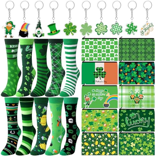 Dansydaisy 30 Pcs St Patrick's Day Gift Sets Makeup Bags Bulk Green Irish Shamrocks Socks and Keychains Hat Rainbow Gnome Pendant Ornament for St Patrick's Day Party Favor Supplies Holiday Gift - Image 1