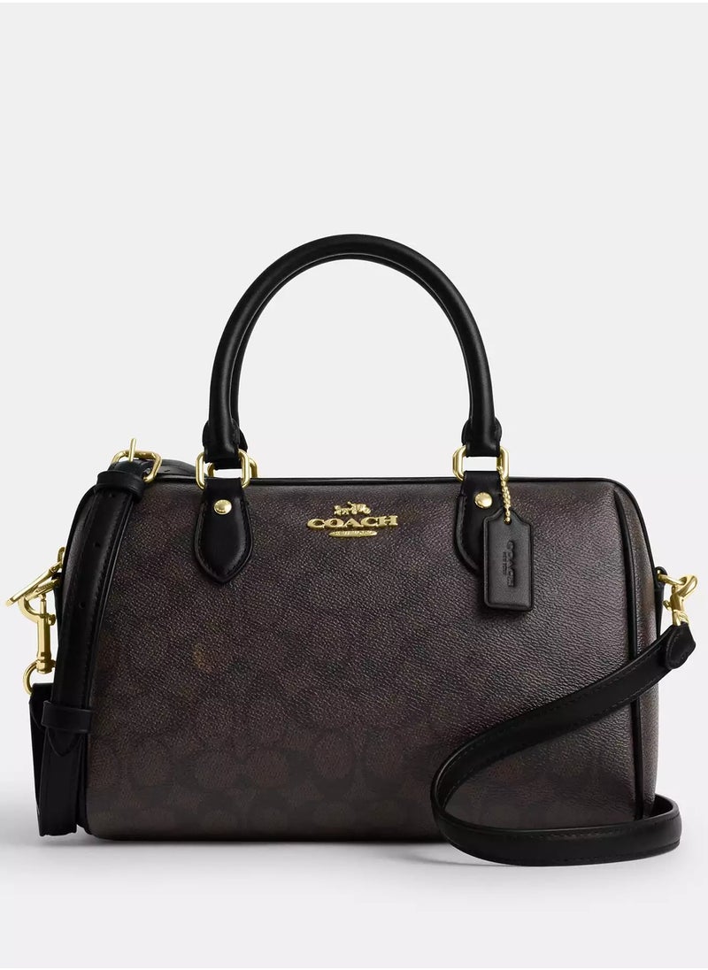 coachoutlet Coach Rowan Satchel Bag In Signature Canvas, Women's Tote Bag, Women's Shoulder Bag, Women's Hand Bag, Women's Travel Bag, Walnut Black  - Image 1