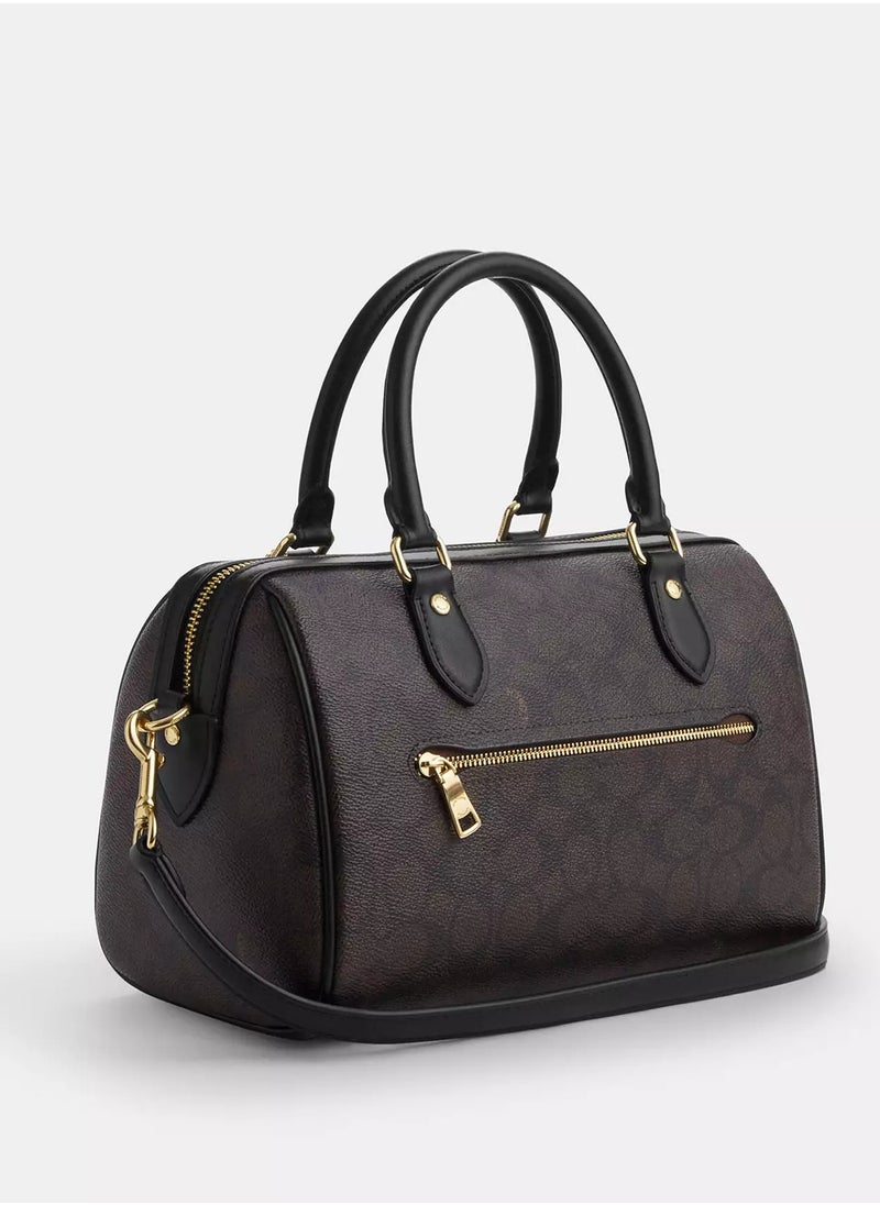 coachoutlet Coach Rowan Satchel Bag In Signature Canvas, Women's Tote Bag, Women's Shoulder Bag, Women's Hand Bag, Women's Travel Bag, Walnut Black  - Image 2