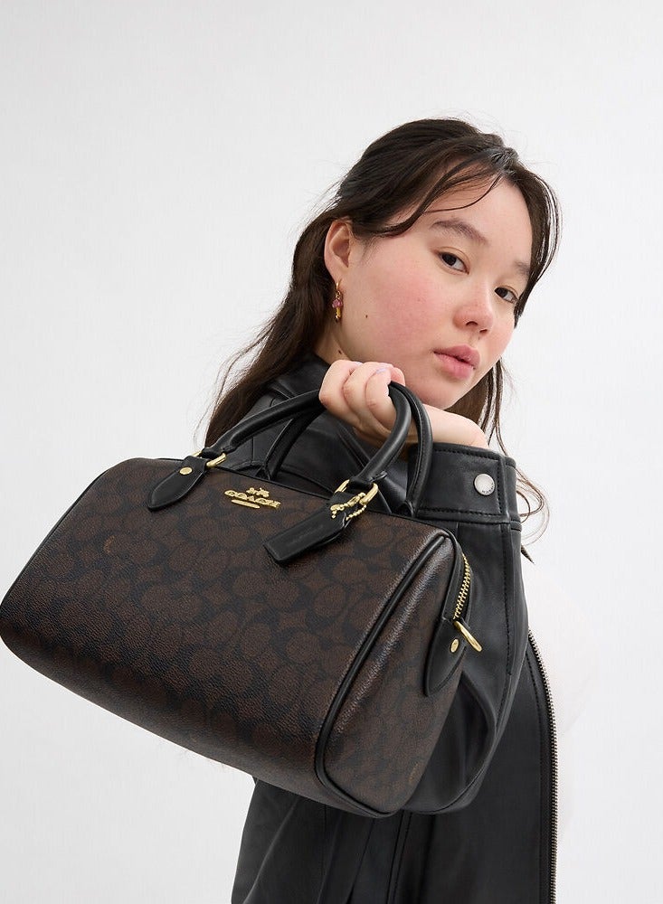 Coach Rowan Satchel Bag In Signature Canvas, Women's Tote Bag, Women's Shoulder Bag, Women's Hand Bag, Women's Travel Bag, Walnut Black