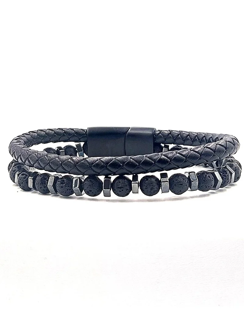 كريسوستوموس Handmade Double Leather Bracelet with Lava Stone and Hematite
