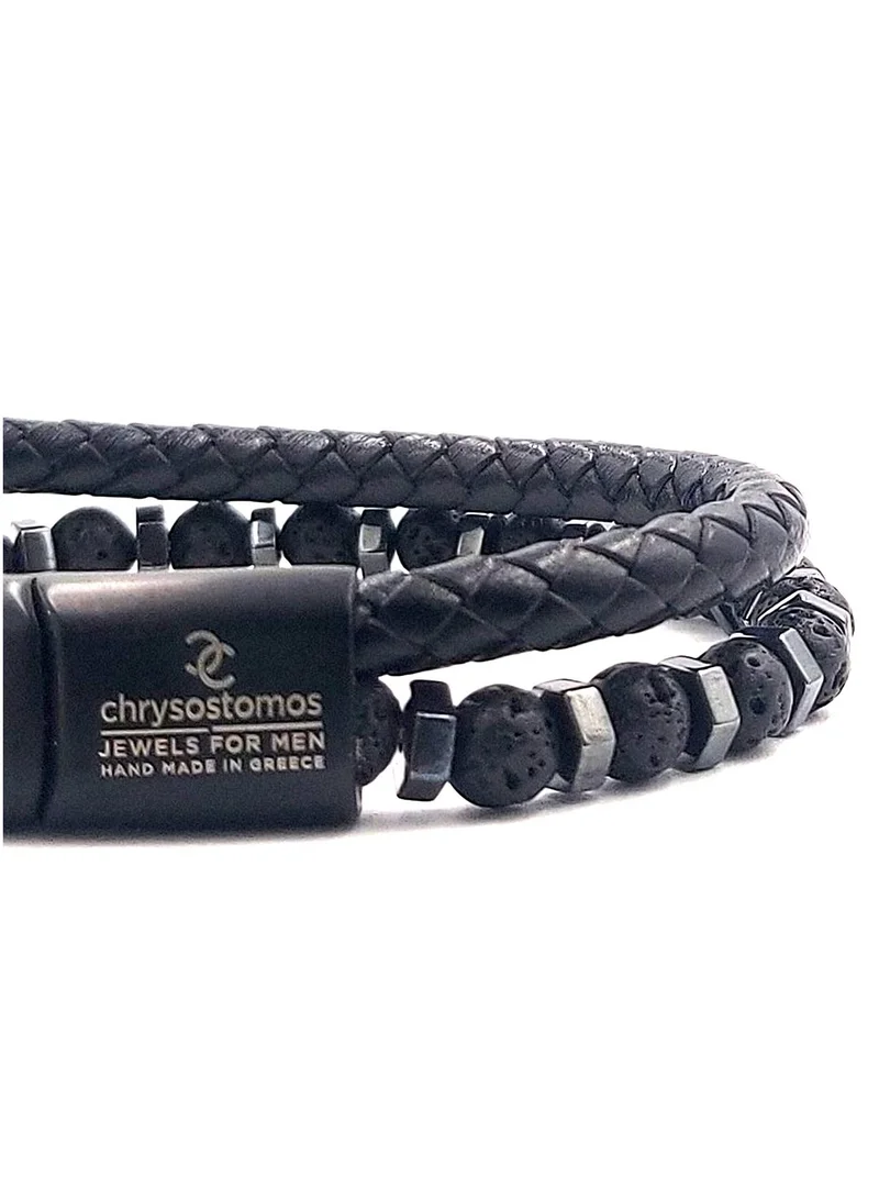 كريسوستوموس Handmade Double Leather Bracelet with Lava Stone and Hematite