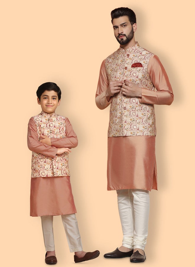 KISAH Mandarin Collar Straight Kurta with Churidar & Nehru Jacket - Image 1