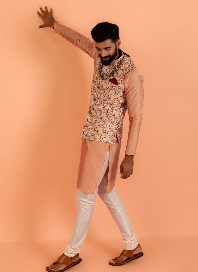 KISAH Mandarin Collar Straight Kurta with Churidar & Nehru Jacket - Image 4