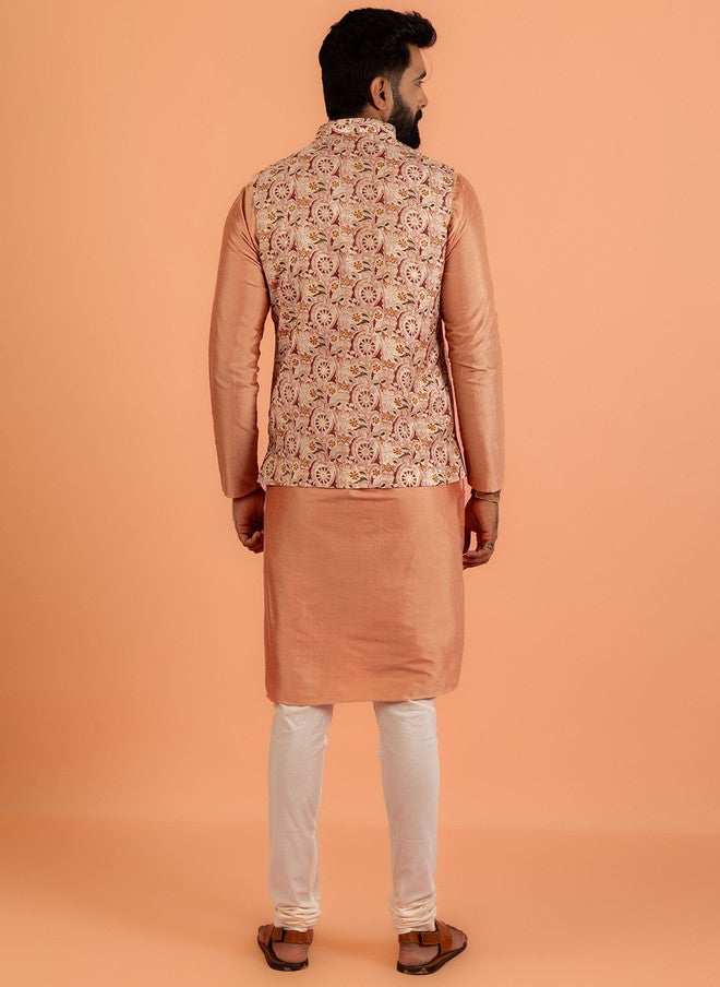 KISAH Mandarin Collar Straight Kurta with Churidar & Nehru Jacket - Image 5