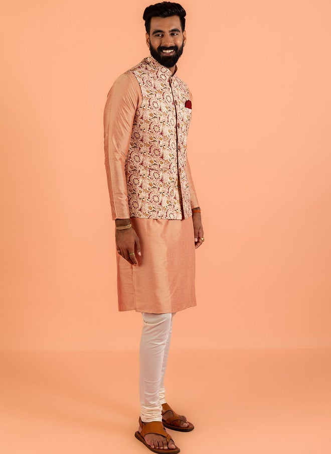 KISAH Mandarin Collar Straight Kurta with Churidar & Nehru Jacket - Image 2