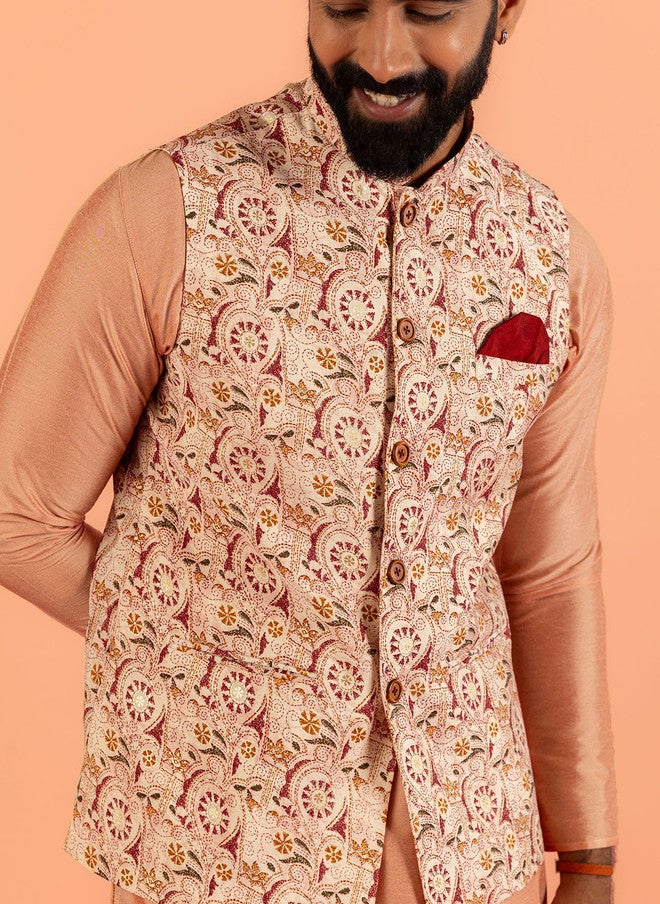 KISAH Mandarin Collar Straight Kurta with Churidar & Nehru Jacket - Image 3