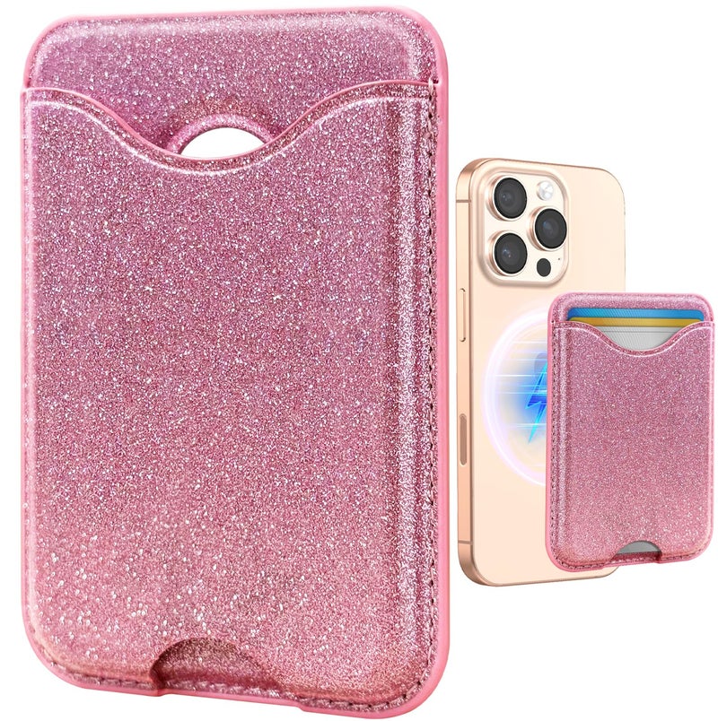Shorogyt Compatible with Magsafe Wallet Magnetic Card Holder - Glitter Pk Phone Wallets for Women Teen Girls Fashion for iPhone 16/15/14/13/12 Series Slim for Apple Mag RFID Magnet, Fit 3 Cards - Image 1