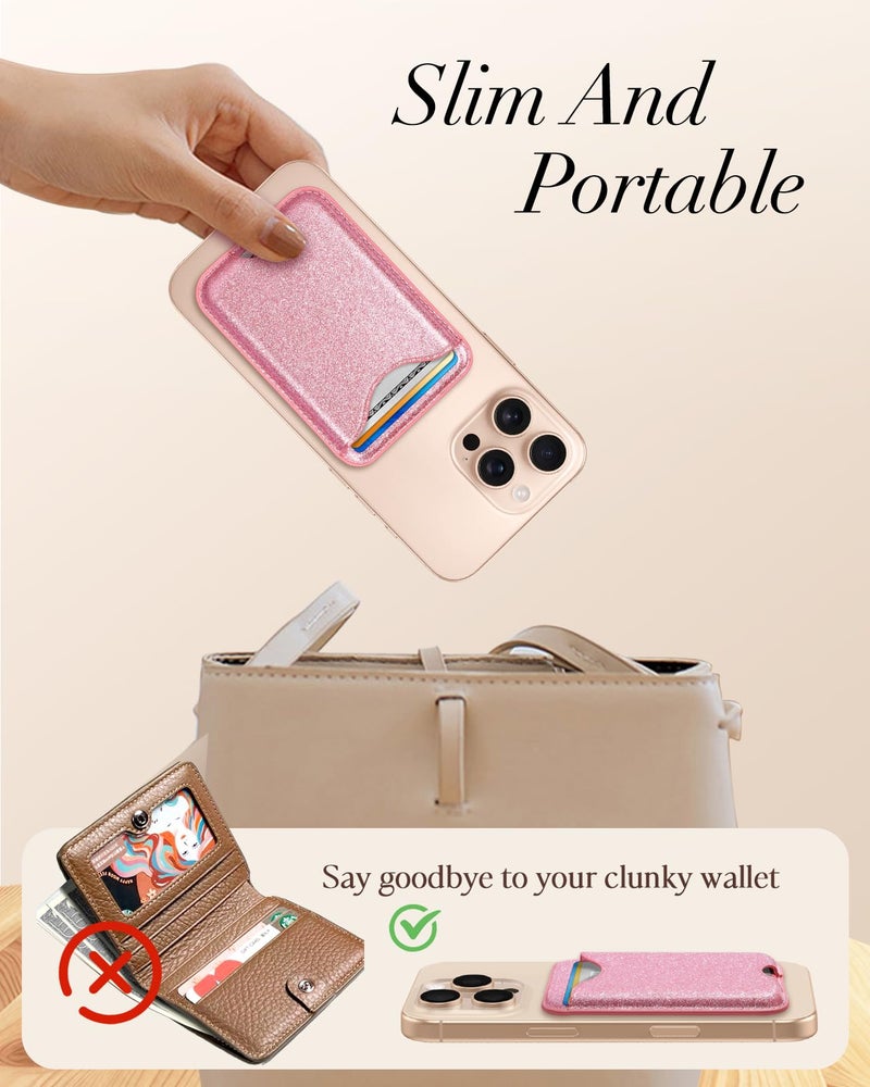 Shorogyt Compatible with Magsafe Wallet Magnetic Card Holder - Glitter Pk Phone Wallets for Women Teen Girls Fashion for iPhone 16/15/14/13/12 Series Slim for Apple Mag RFID Magnet, Fit 3 Cards - Image 2