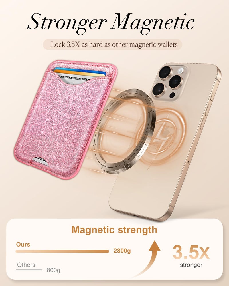 Shorogyt Compatible with Magsafe Wallet Magnetic Card Holder - Glitter Pk Phone Wallets for Women Teen Girls Fashion for iPhone 16/15/14/13/12 Series Slim for Apple Mag RFID Magnet, Fit 3 Cards - Image 3
