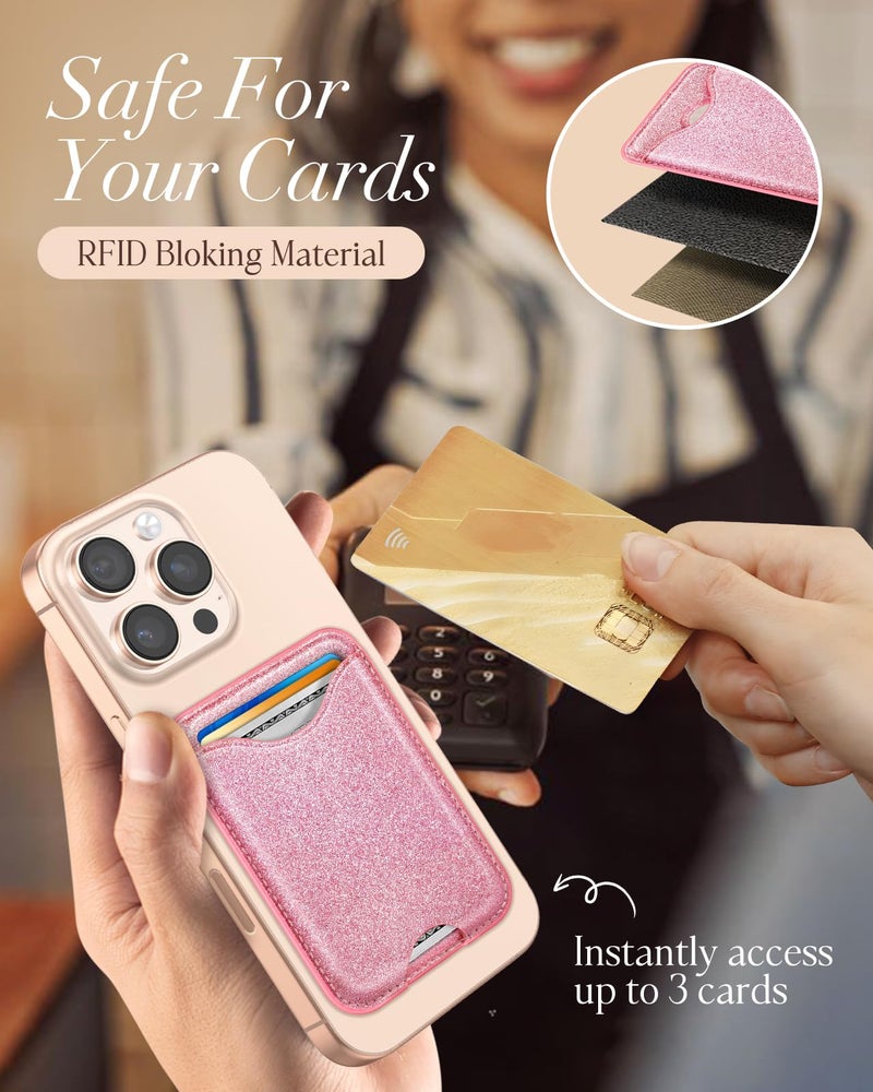 Shorogyt Compatible with Magsafe Wallet Magnetic Card Holder - Glitter Pk Phone Wallets for Women Teen Girls Fashion for iPhone 16/15/14/13/12 Series Slim for Apple Mag RFID Magnet, Fit 3 Cards - Image 5