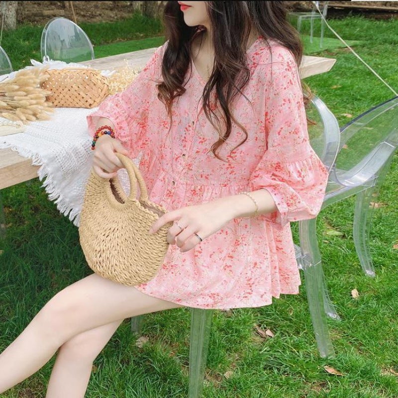 Babydoll Top Summer Korean Style Loose Retro Gentle Sweet Western Style A-Line Fluffy Floral Shirt Mid-Sleeve Shirt - Image 1