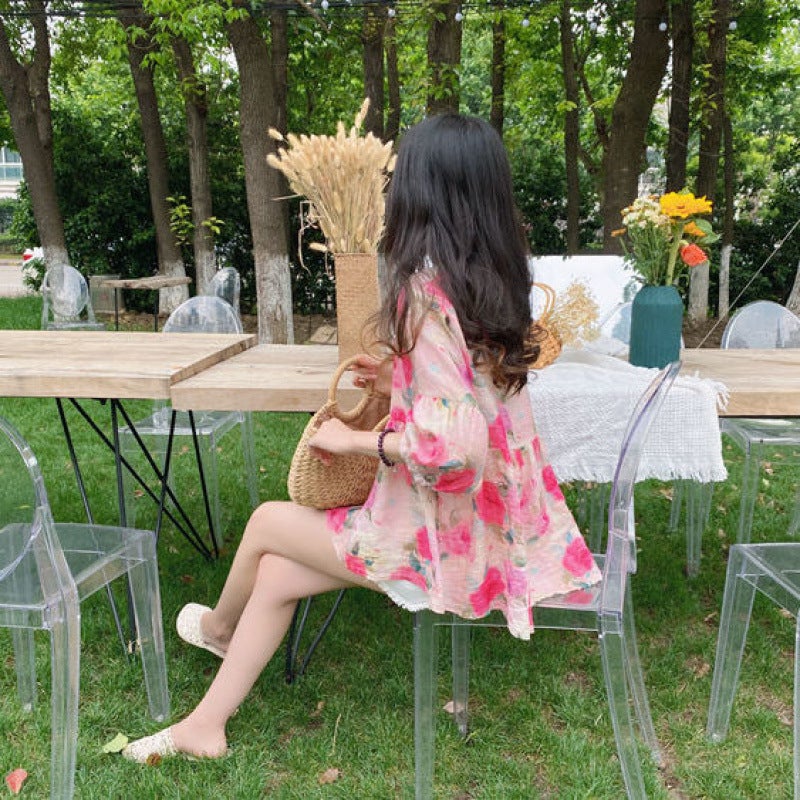 Babydoll Top Summer Korean Style Loose Retro Gentle Sweet Western Style A-Line Fluffy Floral Shirt Mid-Sleeve Shirt - Image 5