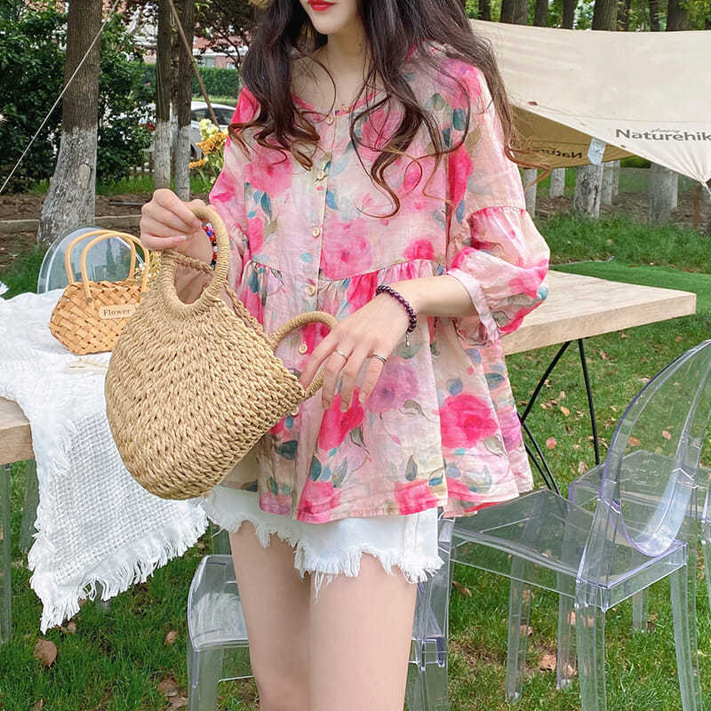 Babydoll Top Summer Korean Style Loose Retro Gentle Sweet Western Style A-Line Fluffy Floral Shirt Mid-Sleeve Shirt - Image 4