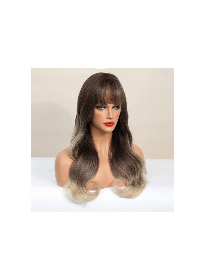 باروكة شعر صناعي  طويل مموج  بلون بني شعر حراري فايبر قابل للغسيل والمكواه