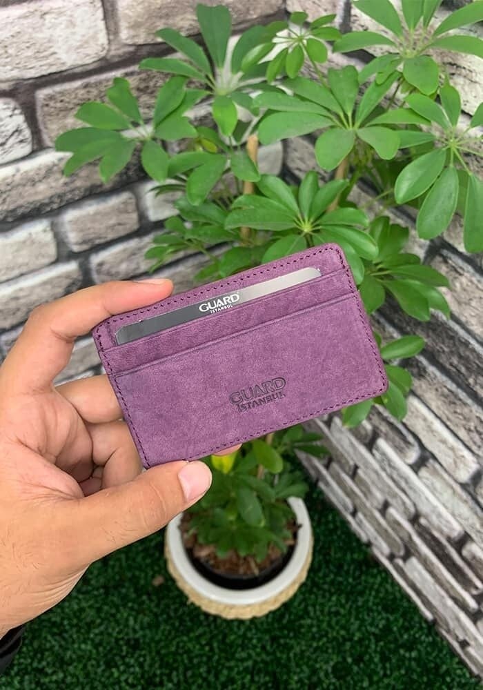 Guard Ultra Thin Unisex Purple Nubuck Minimal Leather Card Holder  - Image 1