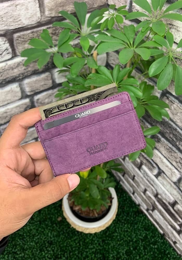 Guard Ultra Thin Unisex Purple Nubuck Minimal Leather Card Holder  - Image 2