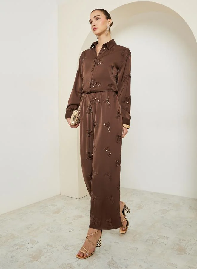 Women Brown Embellished Wide Leg Trousers