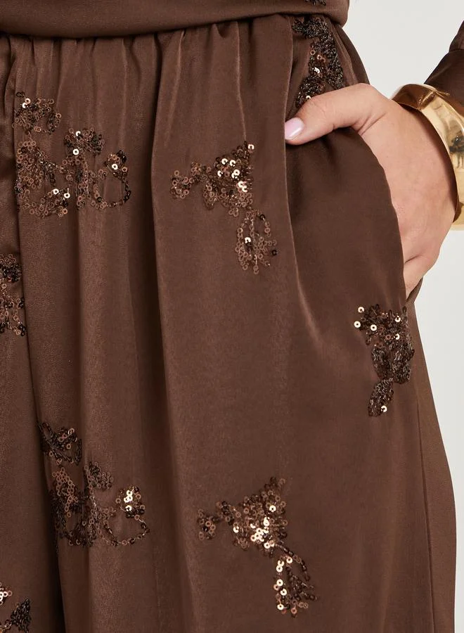 Styli  Women Brown Embellished Wide Leg Trousers for Women | Best Price UAE