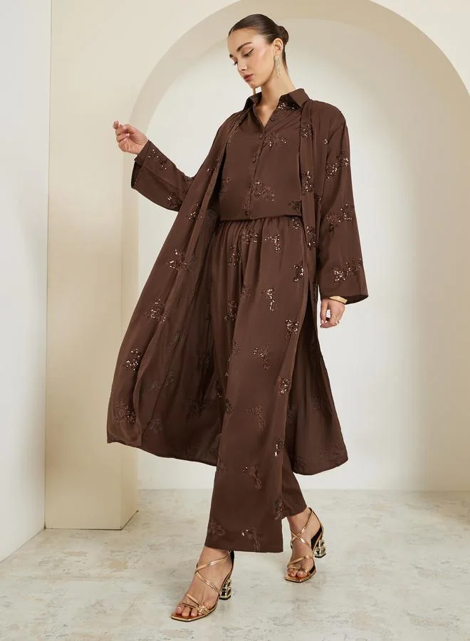 Styli  Women Brown Embellished Wide Leg Trousers for Women | Best Price UAE