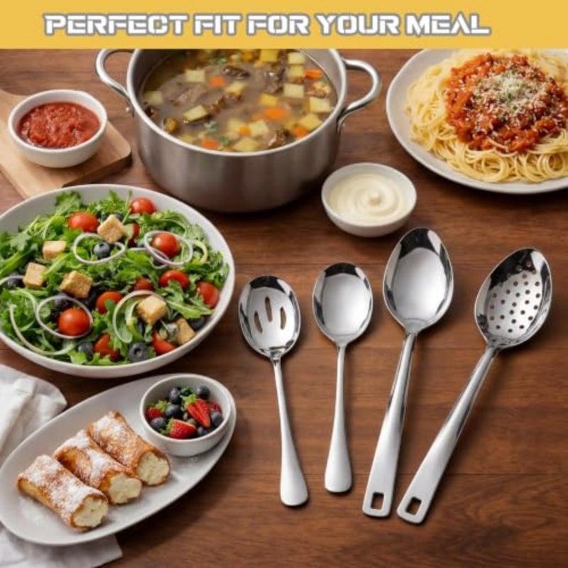 Stainless Steel Serving Spoons, 8 10 Inch Slotted Solid Kitchen Utensil Set, Plating Basting Spoon for Sauces, Buffet, Cooking, Salads, Appetizers, Dishwasher Safe, 4 PCS - Image 3