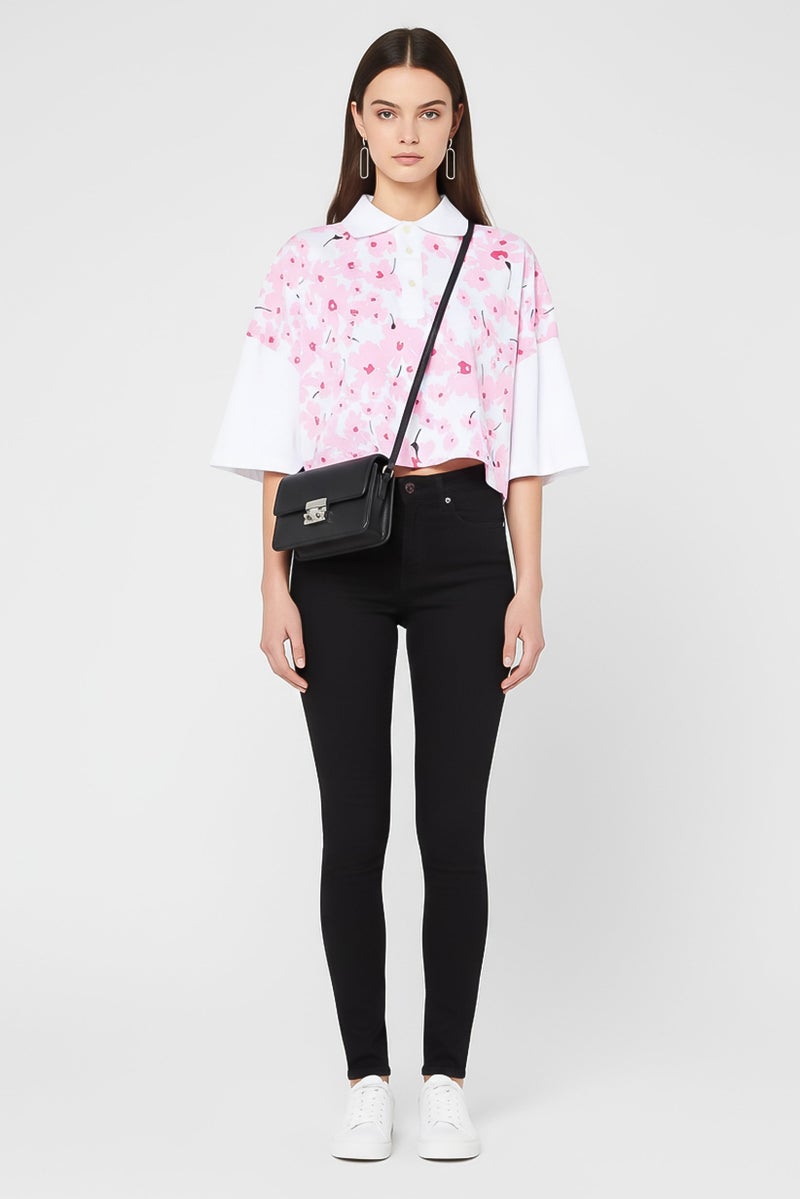 MSGM Women Spread Collar Floral Pattern Short Sleeve Crop T-Shirt, Multicolor - Image 2