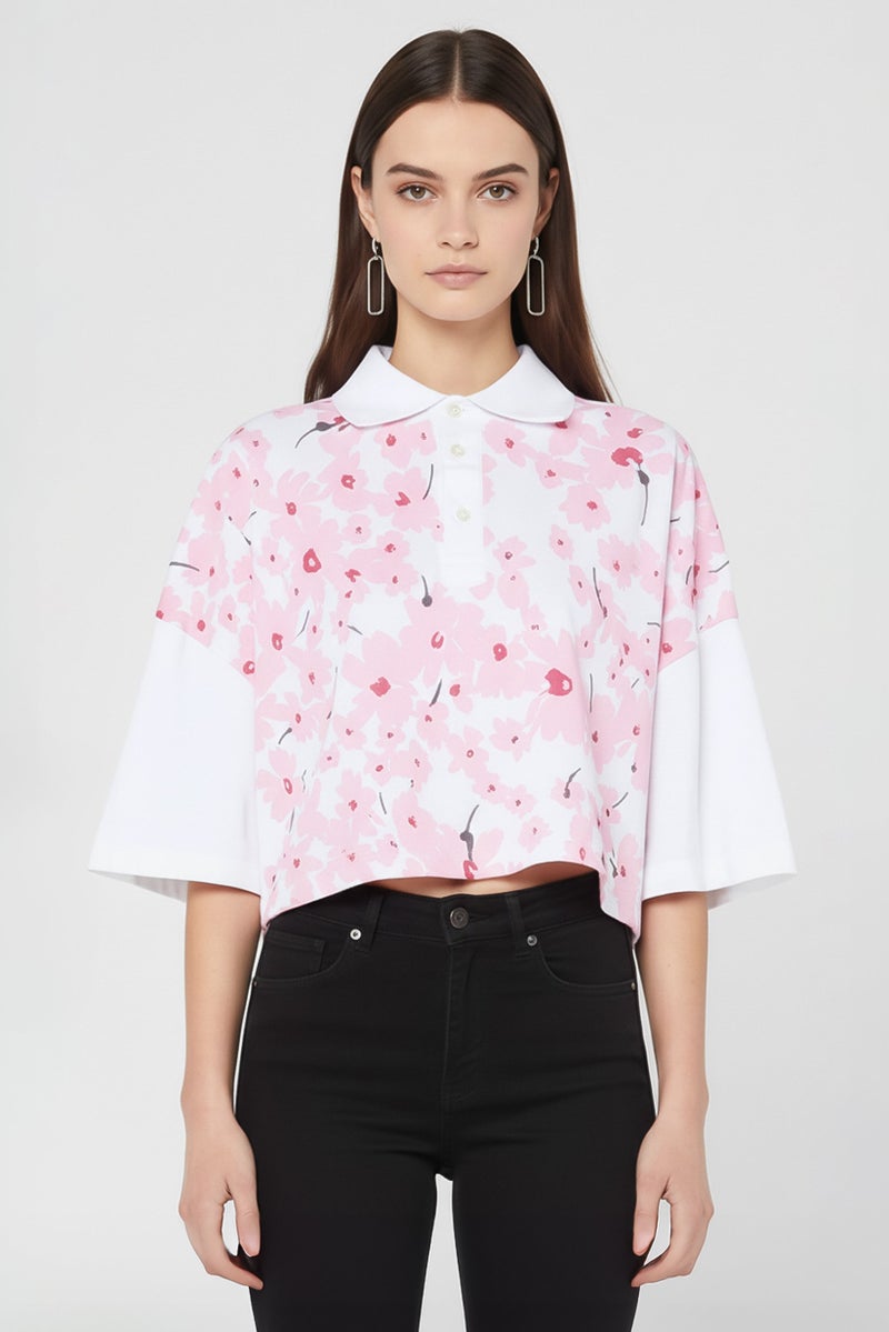 MSGM Women Spread Collar Floral Pattern Short Sleeve Crop T-Shirt, Multicolor - Image 1