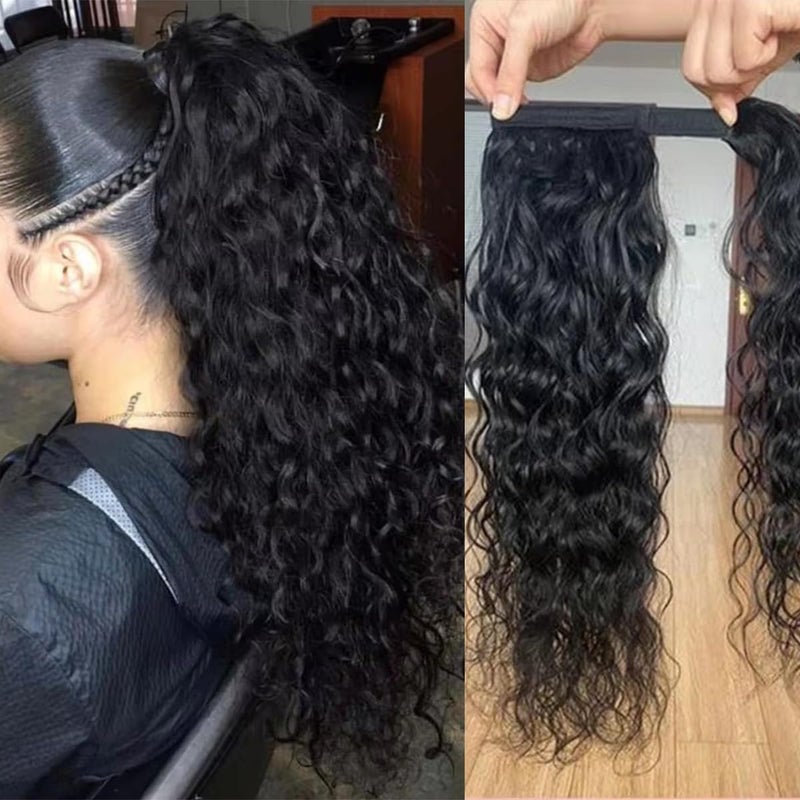 Magic Paste Ponytail Extensions Human Hair for Black Women Curly Wrap Around Black Ponytail Water Wave Ponytail Hairpiece Magic Paste Black Ponytail Natural Black 10A Remy Brazilian Hair 14 Inch