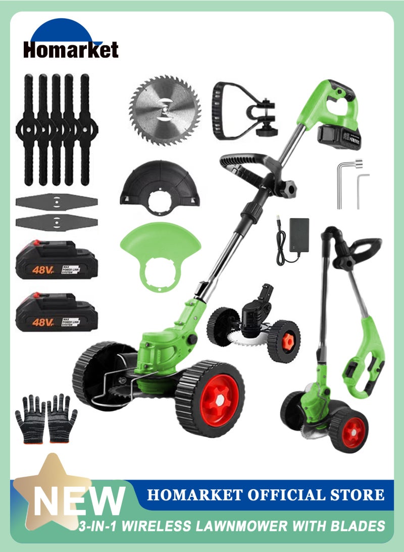 HomarKet Electric String Trimmer Kit,Cordless Handheld Grass Trimmer with 48V*2 Rechargable Battery,Wheel,3 Types Cutting Blade,Gloves,Charger Included,Lawn Mower for Yard Lawn - Image 1