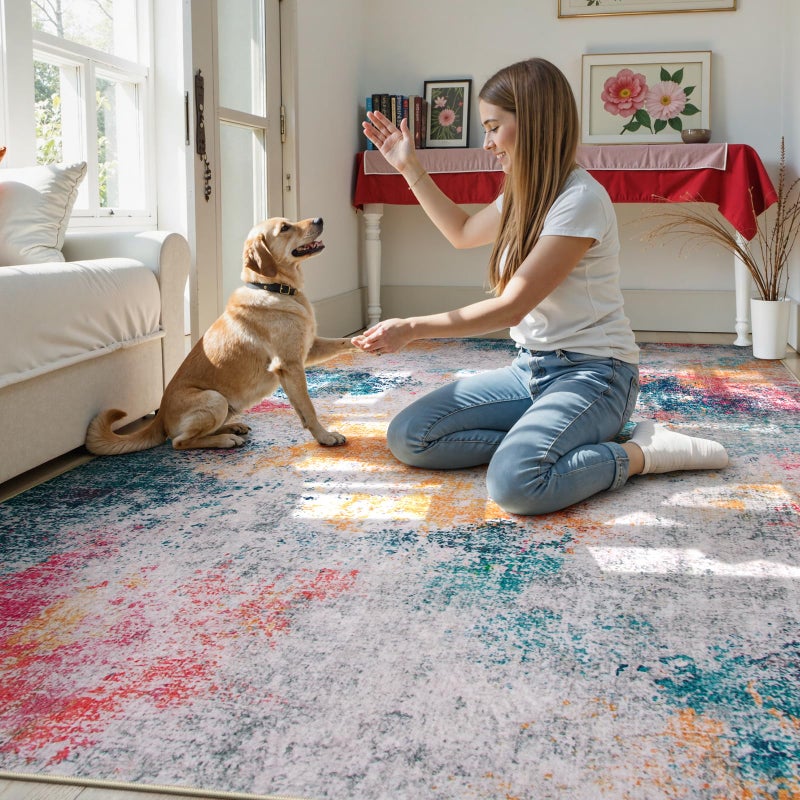 Beeiva Abstract Large Carpet for Living Room 8x10, Modern Washable Non Slip Area Rugs, Ultra Thin Foldable Lightweight Low Pile Rug for Dining Room Bedroom Playroom Office - Ivory Blue - Image 2