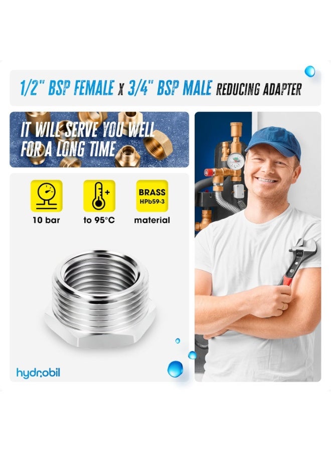 وصلات سباكة أنابيب المياه، محول مخفض (بوش) ذكر 3/4 بوصة BSP × أنثى 1/2 بوصة BSP، وصلات BSP، نحاس مطلي بالكروم، وصلات وتركيبات السباكة، 1 1 ميجابيسكل، أقصى. درجة حرارة: 95 درجة مئوية، وصلة BSP - Image 4