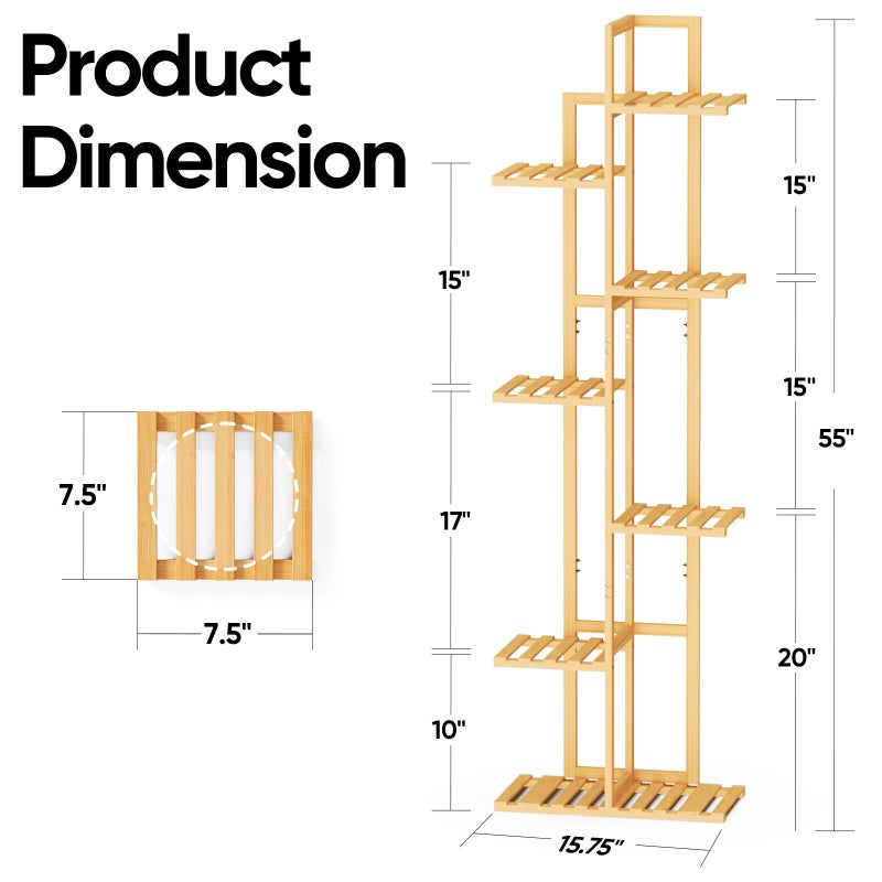 ROSSNY 55 Inch Tall Plant Stand Indoor, 7 Tier 8 Potted Bamboo Plant Stands for Indoor Plants, Corner Plant Stand, Plant Shelf For Indoor, Tiered Plant Stands, Planter Holder for Multiple Plants Indoor, Natural - Image 2