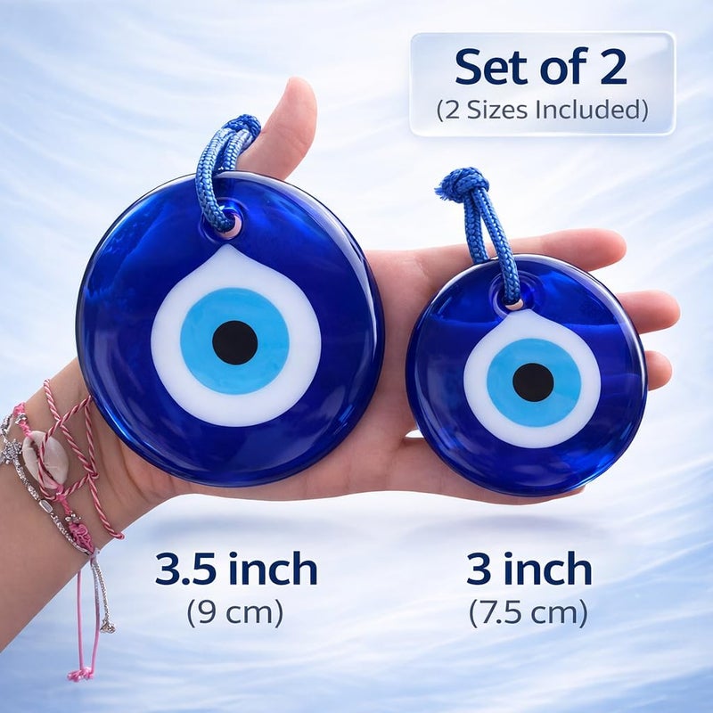 Erbulus Turkish Glass Blue Evil Eye Wall Hanging Ornament - Turkish Nazar Beads - Evil Eye Home Protection Charm Set of 2 - Wall Decor Amulet in a Box - Image 2
