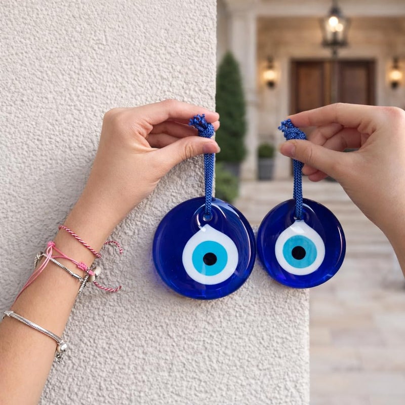 Erbulus Turkish Glass Blue Evil Eye Wall Hanging Ornament - Turkish Nazar Beads - Evil Eye Home Protection Charm Set of 2 - Wall Decor Amulet in a Box - Image 3