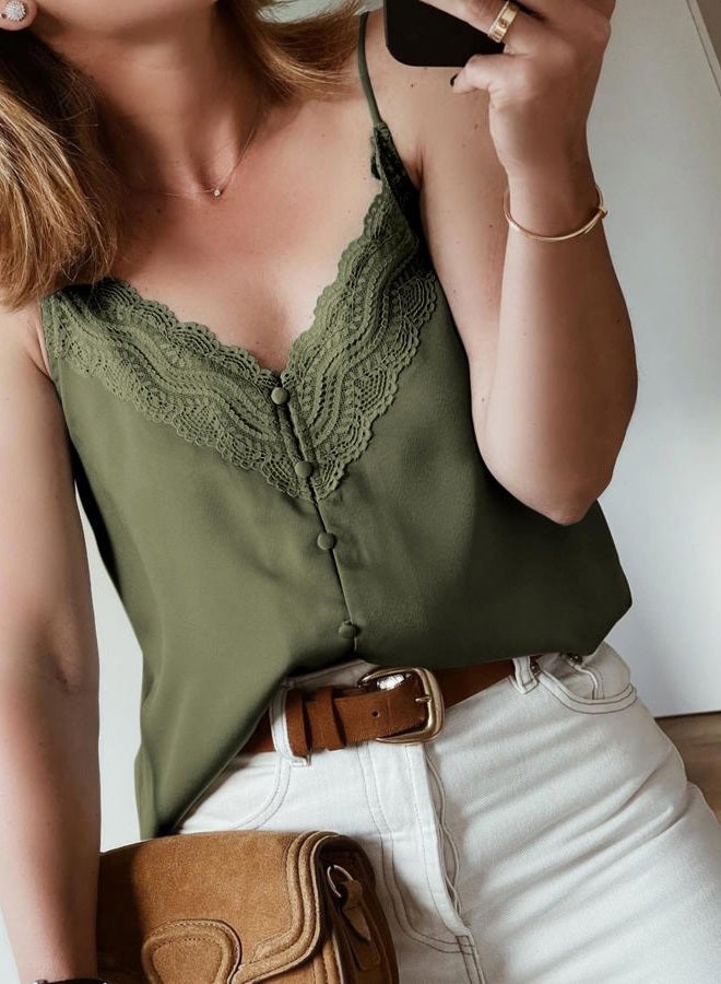 miduo Womens Tanks Tops Summer V Neck Lace Trim Satin Top Cami Spaghetti Straps Camisole Tank Tops Sleeveless Blouses Shirts Army Green S - Image 3