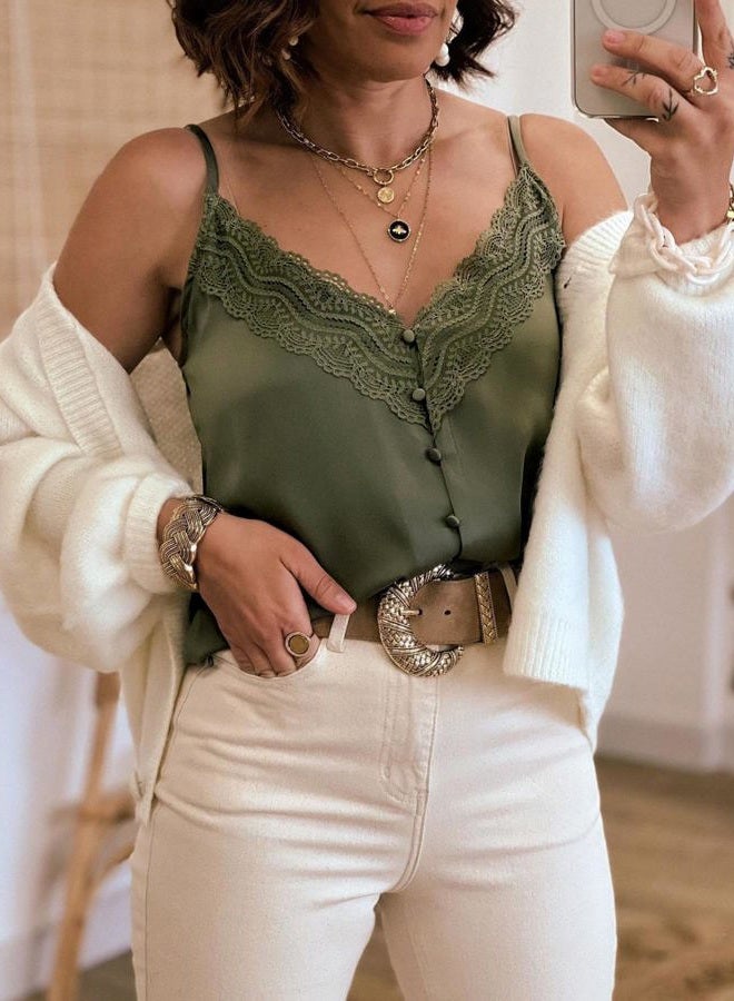miduo Womens Tanks Tops Summer V Neck Lace Trim Satin Top Cami Spaghetti Straps Camisole Tank Tops Sleeveless Blouses Shirts Army Green S - Image 2