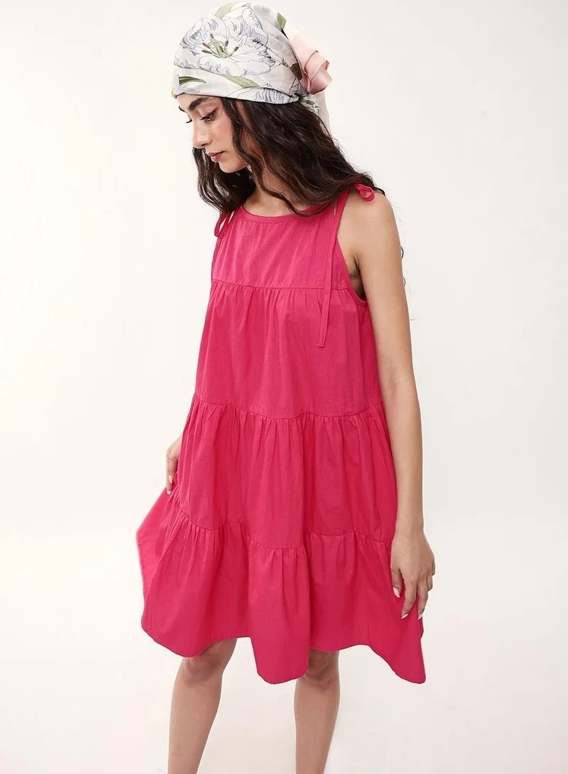 دينيس لينغو Women Pink 100% Cotton Solid Knee Length A-Line Flared Dress