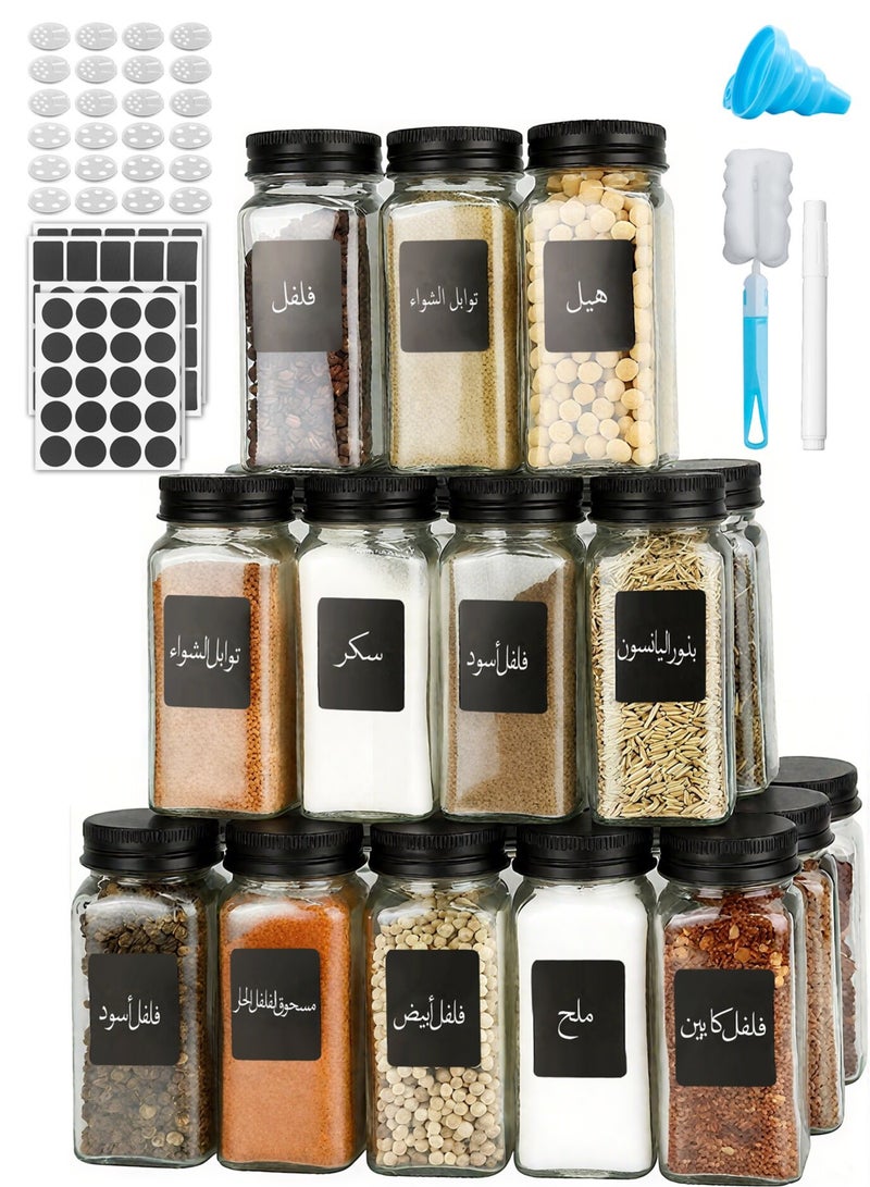 JOGAMS Set of 12 Glass Spice Jars 180ml Square Containers with Labels, Shaker Lids, Airtight Metal Caps and Funnel - Image 1